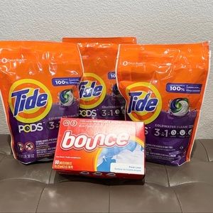 105 Tide Pods Laundry Detergent & Bounce Sheets - COLD WATER CLEAN